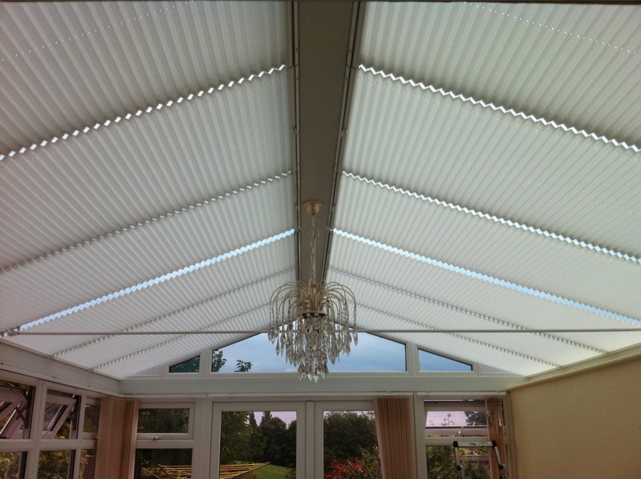 Pleated roof blinds fitted in Epping 
This pleated fabric has a SPC backing which acts as an insulator keeping conservatory cooler in summer and warmer in winter  - Conservatory roof blinds -  Carolina Blinds